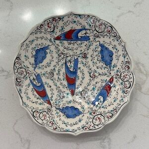 Turkish Iznik Hand-Painted Blue and Red Decorative Ceramic Wall Plate